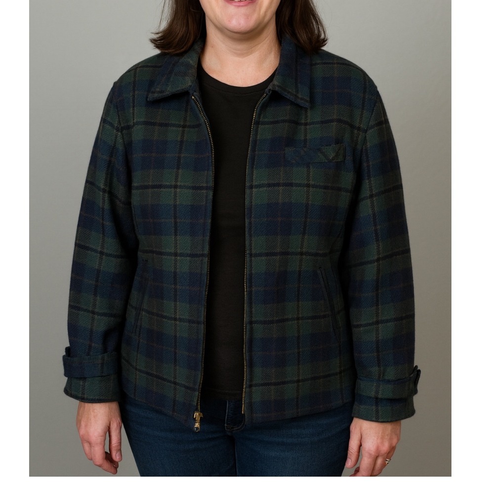 Plaid Wool‎ Blend Jacket Coat Adjustable Waist Brass Button Accents